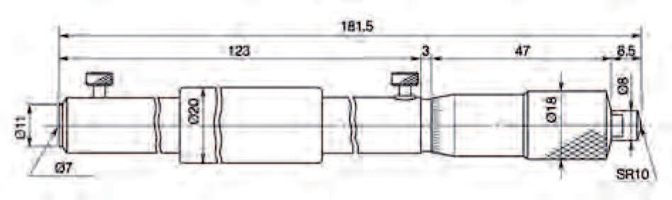 Přesnost ±(6+L/50) µm L = maximální měřená délka (mm) Stupnice Na bubínku a na pouzdře matně chromovaná Měřicí plochy Kalené Vřeteno Stoupání vřetene 0,5 mm, s aretací Dělení stupnice