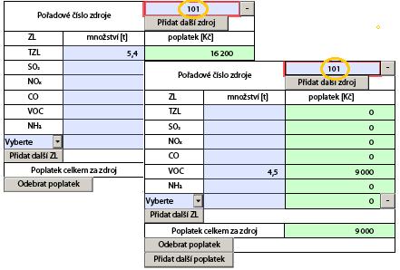 Názvy znečišťujících látek, jejichž emise jsou vykazovány u zdrojů, musí odpovídat názvům znečišťujících látek uvedeným u komínů/výduchů v tomto případě chybí uvést znečišťující látku u zdrojů.