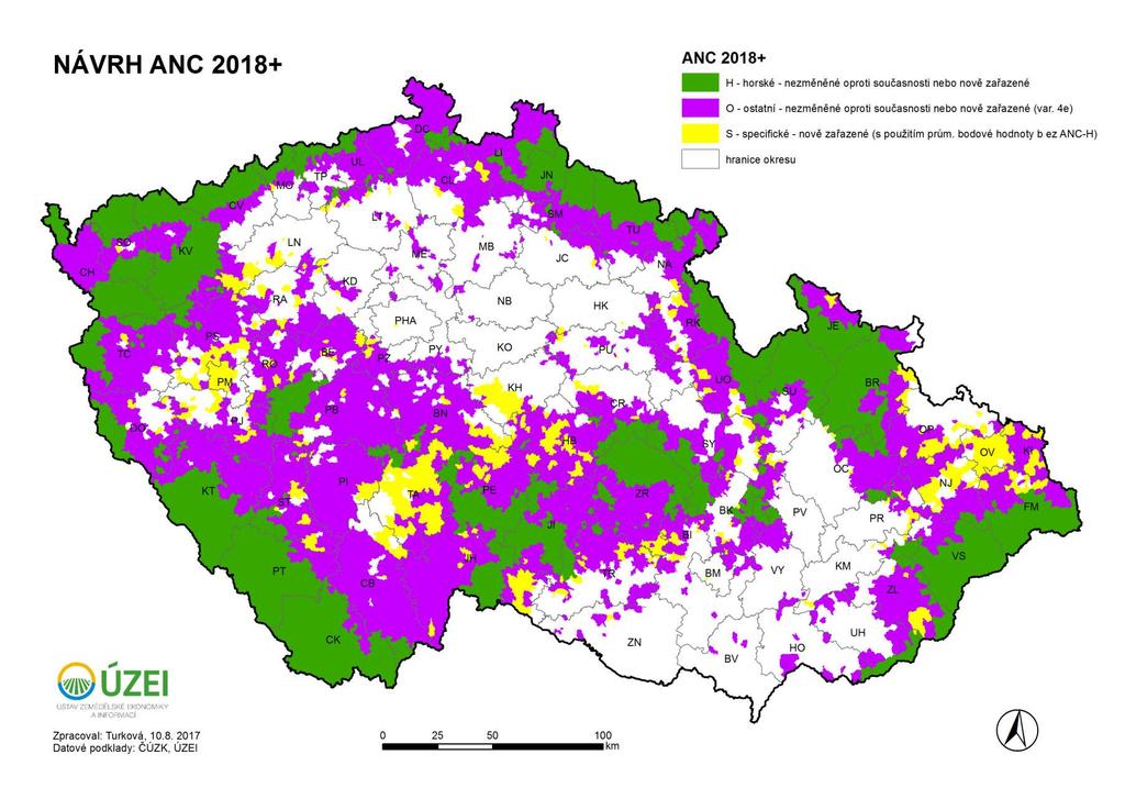 NOVÉ NV PRO ANC VYMEZENÉ OBLASTI H oblasti; kritérium nadmořská výška a svažitost (zůstávají beze změny) O oblasti; vymezeny na základě biofyzikálních kritérií S oblasti; kritérium bodová hodnota