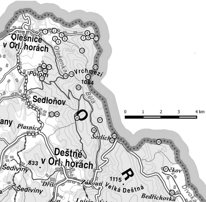 Gerža M.: Koprníček bezobalný (Ligusticum mutellina (L.) Crantz) v Orlických horách Obr. 2. Lokality Ligusticum mutellina v Orlických horách. Mapový podklad: ZM 1:200 000 ČÚZK.