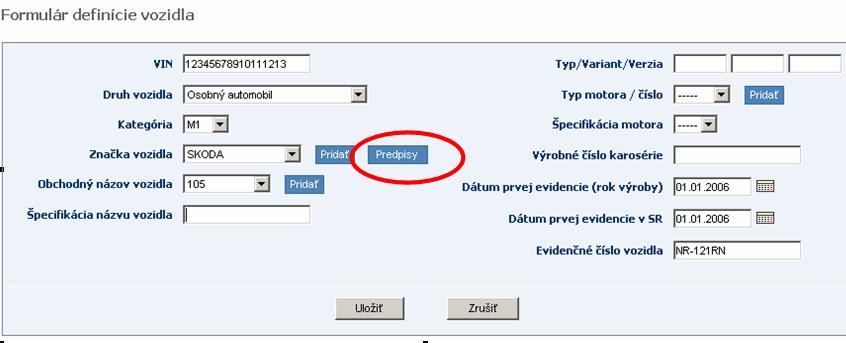 stlačte tlačidlo Predpisy umiestnené v strede okna vedľa značky vozidla v následne otvorenej databáze predpisov vyfiltrovanej podľa druhu vozidla, kategórie, značky vozidla a obchodného názvu si