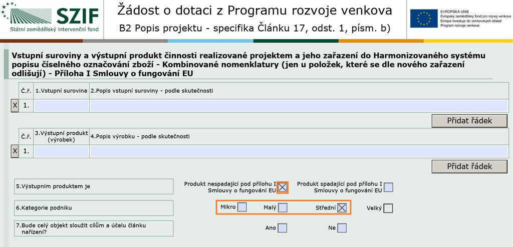 Formuář ŽoD strana B2 - specifické strany čl. 17