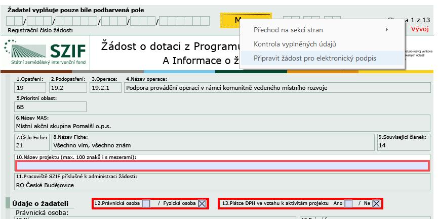 Formulář ŽoD - Elektronické podepsání MAS