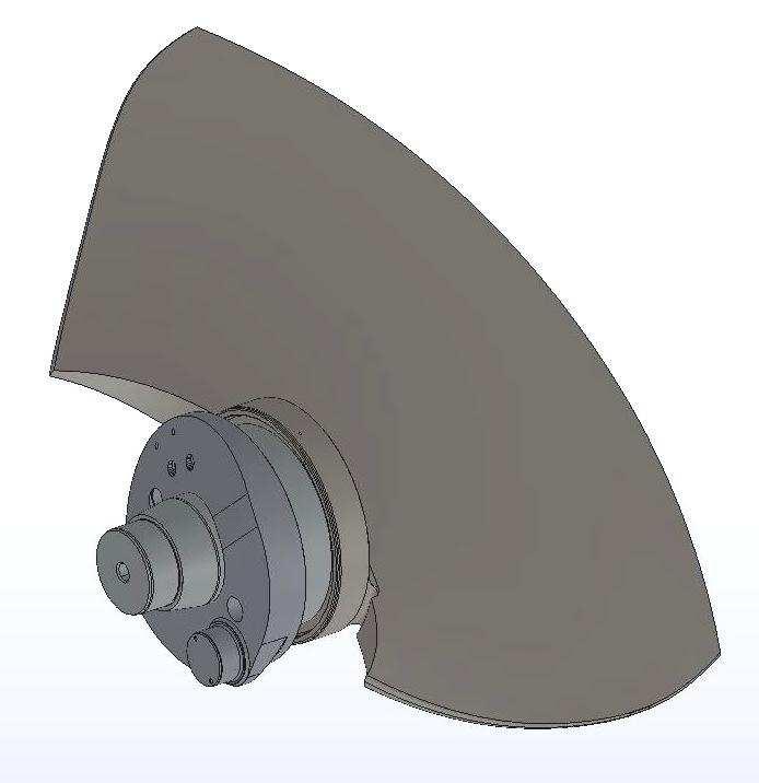 Obrázek 2.3 Detail čepu a lopatky Pro výpočet uvažujeme, že hydraulický axiální tah pro jednu lopatku Fa x1 působí na poloměr těžiště. Z 3D modelu oběžné lopatky zjistíme tuto polohu.