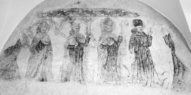 V levém poli jsou více zřetelné dvě postavy v černém řádovém hábitu se svrchním kardinálským oděvem, nápisové pásky nad jejich hlavami jsou ale již nečitelné.