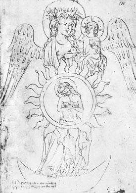 Žena oděná sluncem. Liber depictus, kolem roku 1350. Vídeň, Österreichische Nationalbibliothek, Codex 370, fol. 1r. Foto: Archiv autorky.