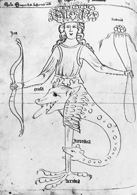 Žena neřestí. Liber depictus, kolem roku 1350. Vídeň, Österreichische Nationalbibliothek, Codex 370, fol. 155. Foto: Archiv autorky. Příchod Antikrista. Hildegarda z Bingenu, Liber Scivias, 1152.