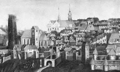 Znojmo, pohled na město z roku 1688, olej, plátno, Jihomoravské muzeum ve Znojmě, inv. č. 0 1973, výřez s klášterem minoritů a klarisek (označen číslem 4). Reprofoto: Jihomoravské muzeum ve Znojmě.