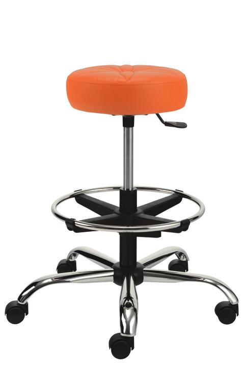 NORA pro lékaře a sestry Pohodlná pracovní židle bez opěráku v různých provedeních s plynovým pístem k nastavení výšky sedáku, vhodným doplňkem je aretační kruh pro uložení nohou.