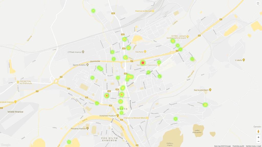 Z níže uvedené mapy kriminality vyplývá, že nejčastěji strážníci řešili přestupky proti veřejnému pořádku na sídlišti Hromůvka u baru U pavouka, v centru města a na Tř. 1. máje v okolí supermarketů.
