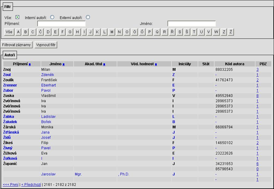 5.1.3 ČÍSELNÍK AUTORŮ ZÁKLADNÍ ZOBRAZENÍ V horní části okna je sekce Filtr s nástroji pro filtrování položek číselníku, pod filtry jsou tlačítka pro aktivaci/deaktivaci filtru a v sekci Autoři