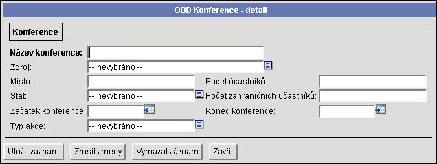 PŘIDÁNÍ NOVÉ KONFERENCE Pro vytvoření nového záznamu konference použijeme tlačítko Přidat novou konferenci pod sekcí s filtry, otevře se formulář, který je potřeba vyplnit a uložit.