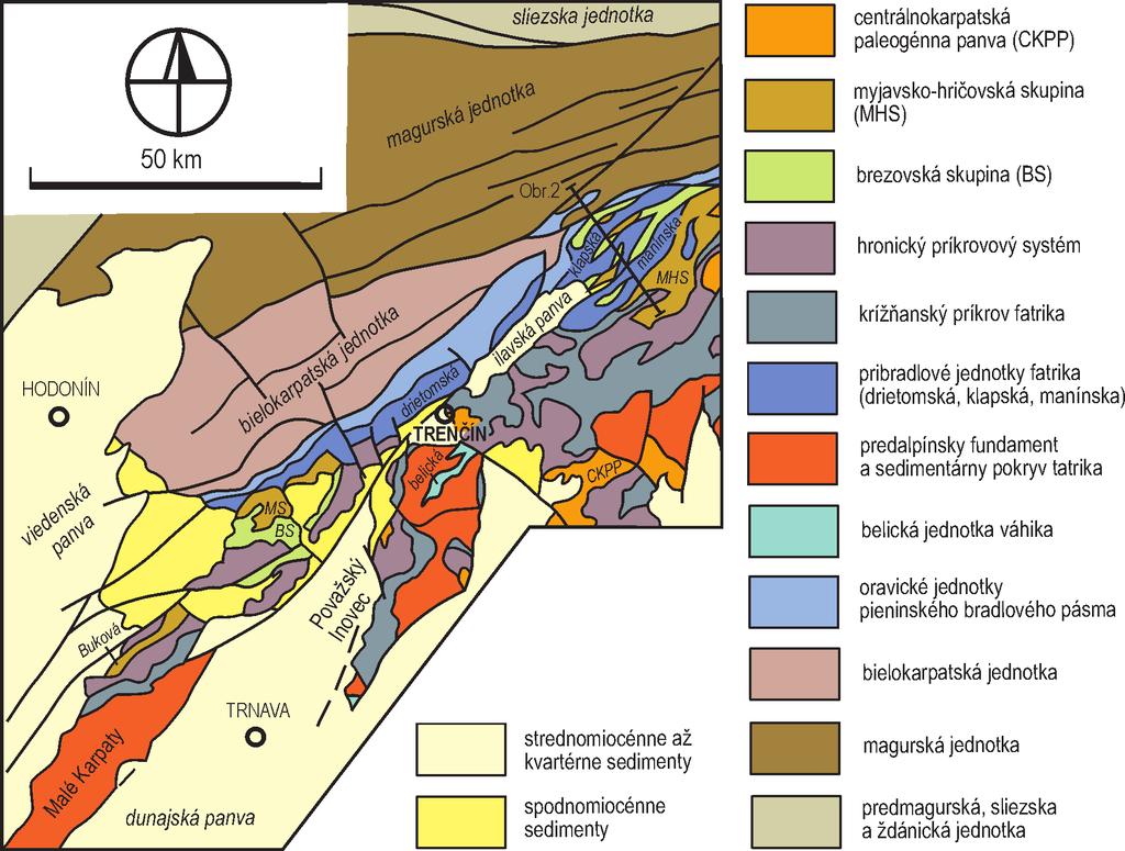 Mezozoikum Obr. 1: Schematická mapa rozloženia hlavných tektonických jednotiek styčnej oblasti externých a centrálnych Karpát na západnom Slovensku a východnej Morave.