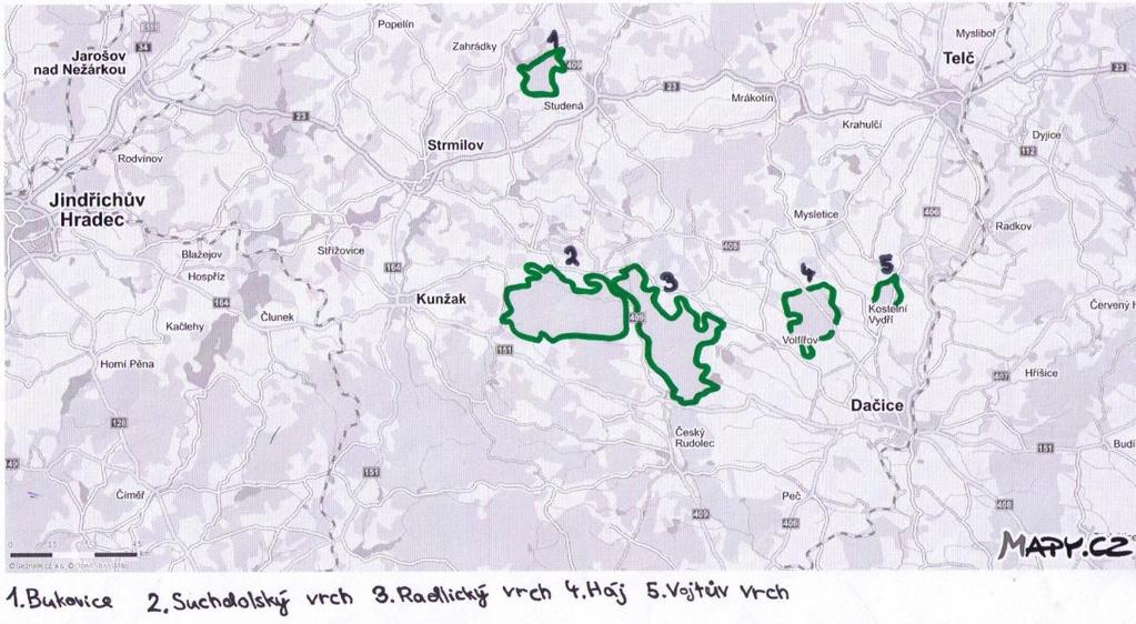 Charakteristika zkoumaného území Zkoumané území se nachází v Jihočeském kraji, mezi městy Studená, Telč a Dačice. Jedná se o kopcovitou krajinu, v nadmořské výšce 500 až 750 m n. m. Nejvyšší vrchy jsou Hradisko a Pivničky, které se nachází 760 m n.