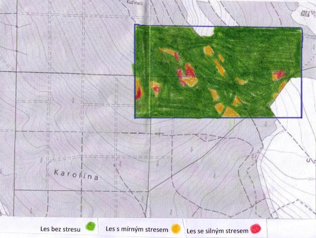 Mapa zdravotního stavu lesa (stres) Charakteristika lokality č. 2 Lokalita se nachází v JZ cípu lesa. V blízkosti se nachází asfaltová cesta. Lokalita leží na rovině.