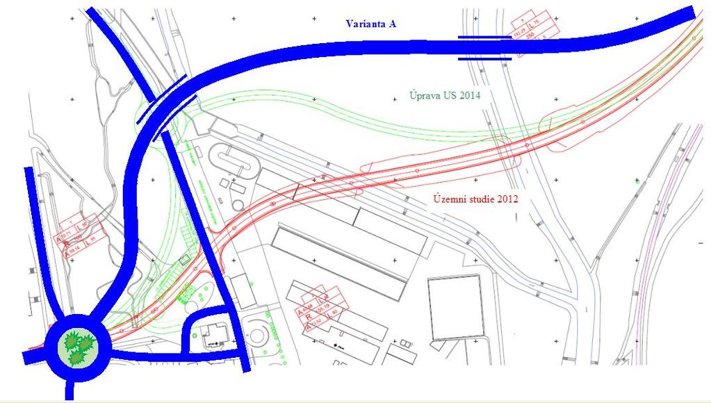3.2. VARIANTA A Varianta A je modifikací původní trasa dle Územní studie z r.2012, která byla následně studií z r.2014 upravena v koncovém úseku v Olšanech, v místě napojení na sil.i/11.