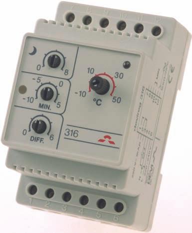 58 Termostat devireg 316 devireg 316 Elektronický diferenčný termostat pro montáž na DIN-lištu. Umožňuje nastavení horního i spodního teplotního limitu systém je zapnutý jen v tomto rozpětí.