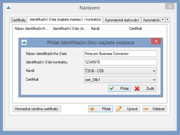 4.2.2 Identifikační číslo majitele instalace Na záložce Identifikační čísla zadejte tlačítkem Přidat identifikační číslo smlouvy ČSOB CEB.