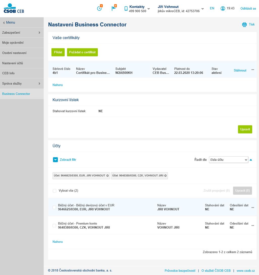 4 Nastavení služby 4.1 Nastavení služby v portále ČSOB CEB Po vygenerování a stažení komunikačního certifikátu je nutné provést vlastní nastavení služby Businesss Connector v portále ČSOB CEB.