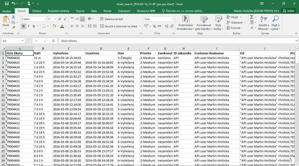 vyexportuje seznam tiketů do formátu MS EXCEL Normální systém zobrazí seznam