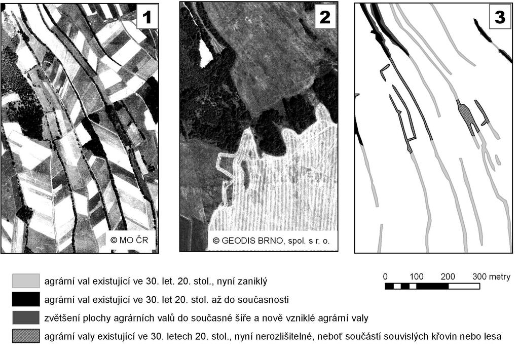 4.3 Změny v rozšíření agrárních valů a teras mezi roky 1938 2002 Zpracované letecké snímky již sami o sobě poskytují názornou představu o vývoji využití krajiny. Na obr.