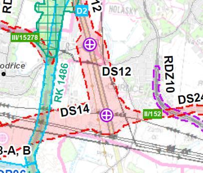 5. VZTAH ŘEŠENÉHO ÚZEMÍ K ZÚR Řešeného území se dotýká vymezený koridor dálnice D2 (DS12) s parametry uvedenými níže a požadavky na uspořádání a využití území: Dálnice D2 (97) ZÚR JMK vymezují