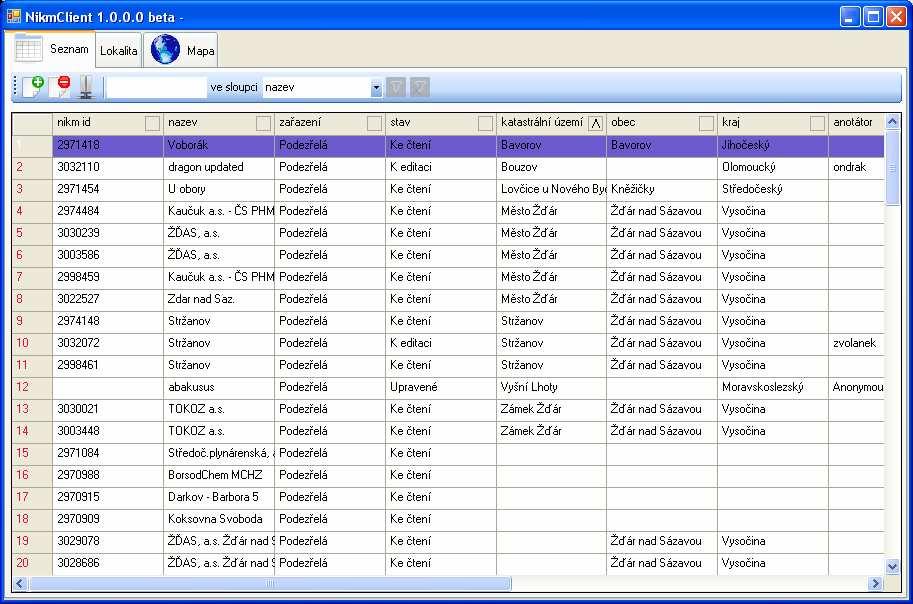 Zobrazení seznamu lokalit NIKM Client terénní aplikace Vytvoření nové lokality/odebrání označených lokalit Přenos dat
