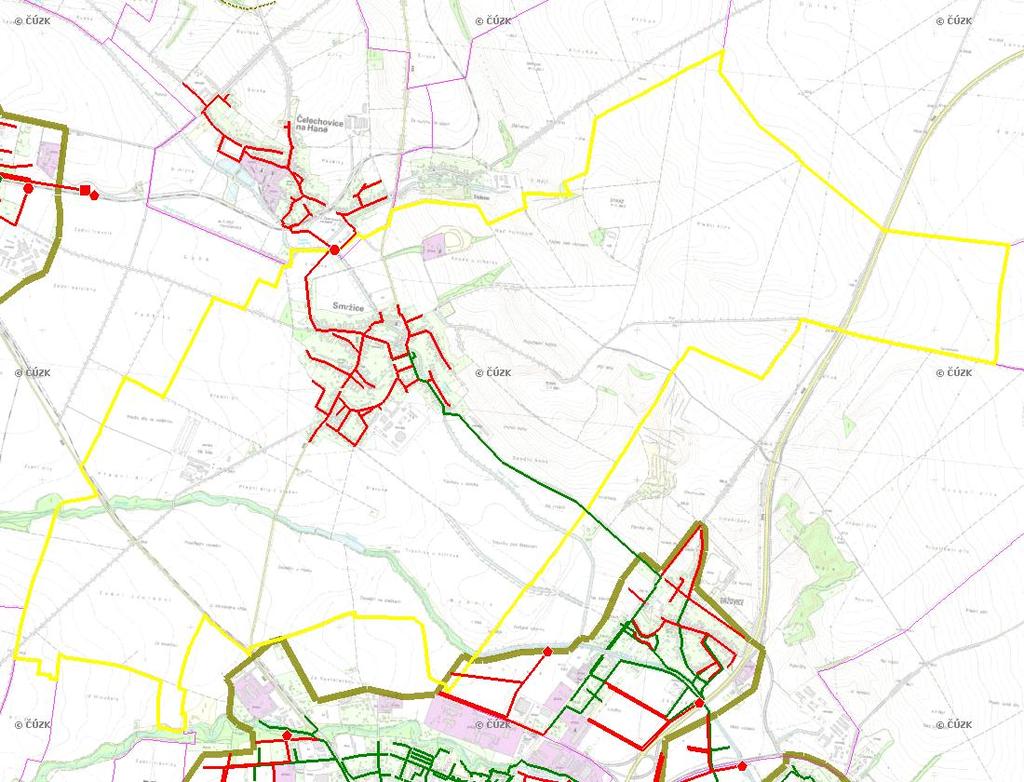 E. KANALIZACE A ČOV Mapa E1: Kanalizace - rozvody v obci Trasování sítí, lokalizace ČOV, čerpací stanice (ČS), výústě Obec: Smržice Legenda: Kanalizace: Ochranné pásmo: Vyústění: do 2015 po 2015 I IA