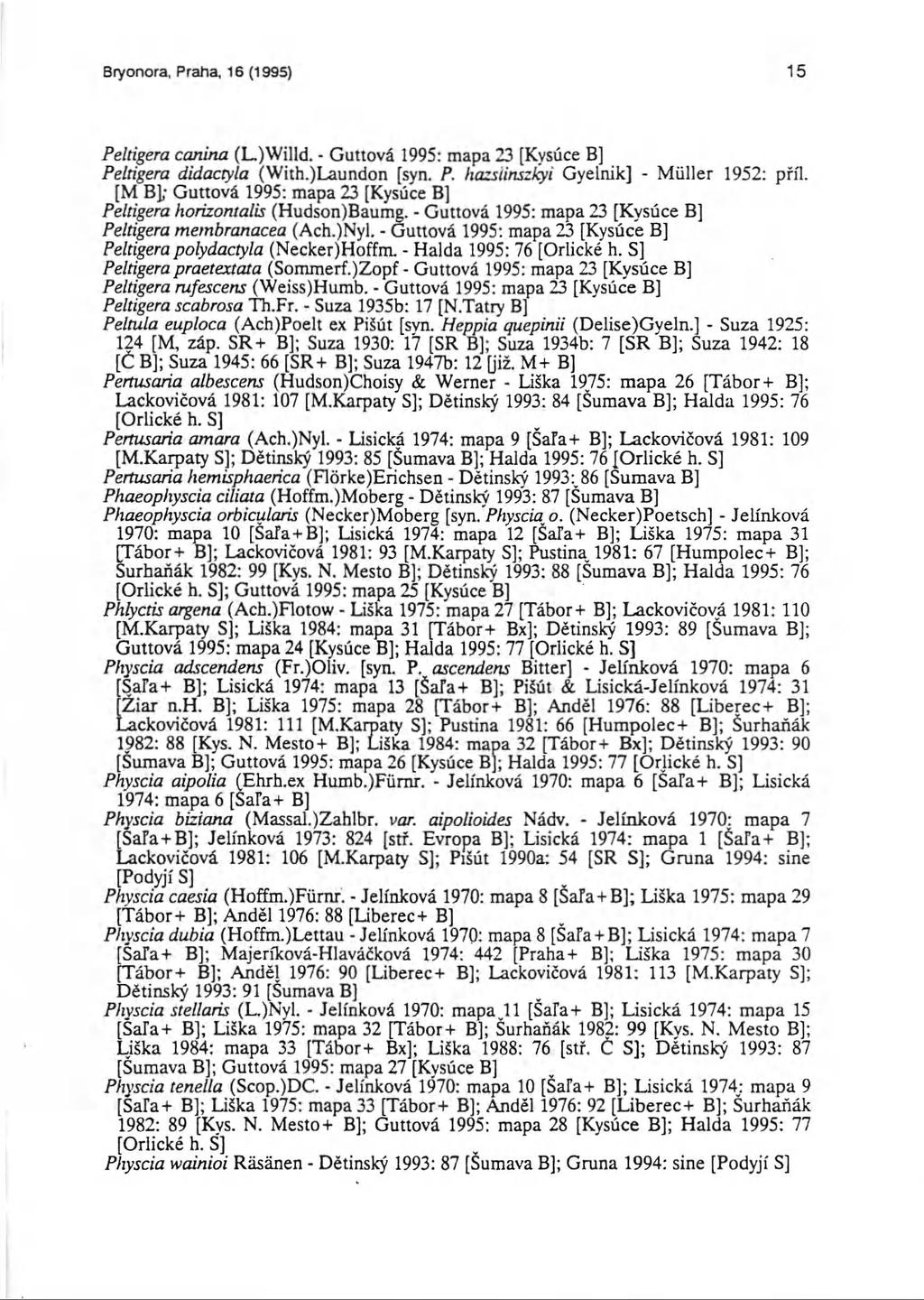 Bryonora, Praha, 16 (1995) 15 Peltigera canina (L.)Willd. - Guttová 1995: mapa 23 [Kysúce B] Pdtigera didactyla (With.)Laundon [syn. P. hazs'tinszkyi Gyelnik] - Müller 1952: příl.