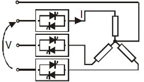 hvězdy s vyvedeným středním vodičem a s odporovou zátěží (řízení tří fází) I = P 1,73V V = Jmenovité napětí zátěže I = Jmenovitý proud P = Jmenovitý příkon do zátěže Zapojení