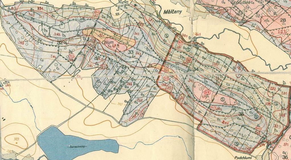 Příloha 5b: Srovnání lesnicko-typologického mapování z různých období různými autory a různými jednotkami Chlum u Dobrušky: ÚHUL (GREGOR) 1973 (2C3 = vysýchavá buková doubrava s válečkou prap.