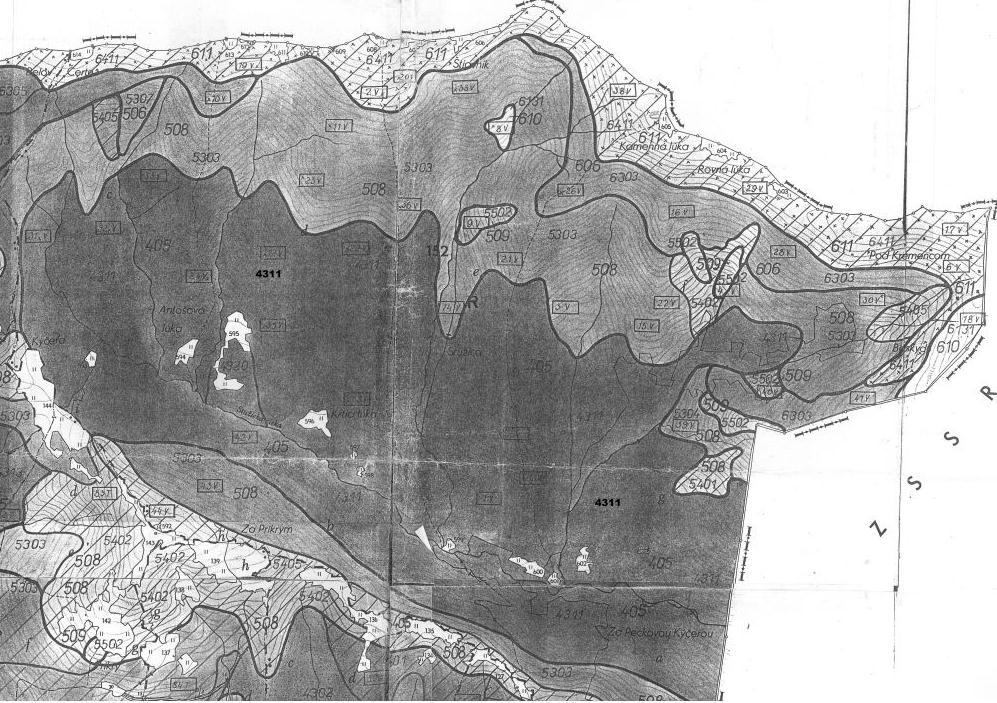 Příloha 11a: Ukázka lesnicko-typologické mapy Slovenska (prales Stužica v NP Poloniny):