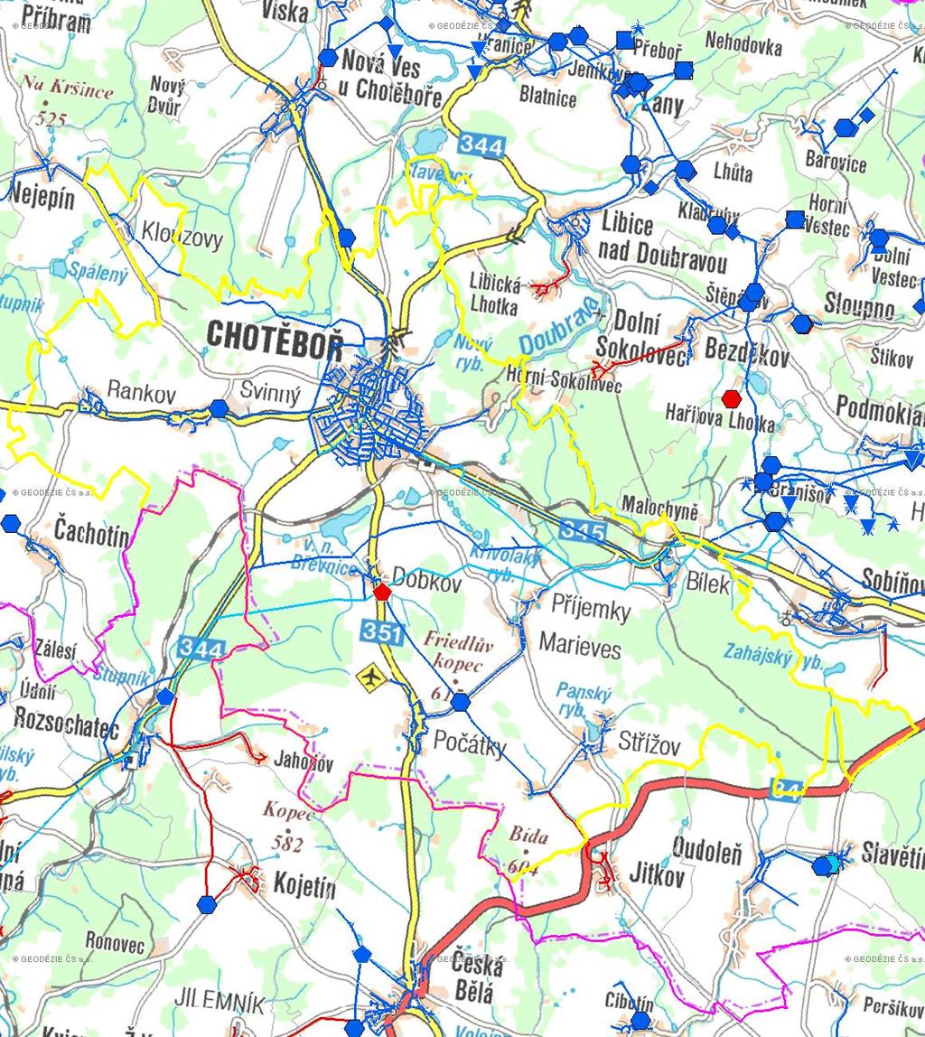 Chotěboř (karta obce: B_4_134) MAPA - VODOVODY Trasování sítí, lokalizace vodojemů, zdrojů, čerpacích stanic, ATS, ÚV Vodovodní řady Vodojem