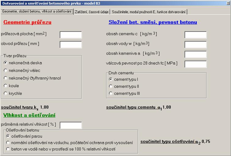 Program pro výpočet mršťováí a dotvarováí betou Zde taovíme čaové parametry výpočtu, je možé vybrat zda heme počítat hodoty parametrů mršťováí v kokrétím čae t, ebo ledovat vývoj