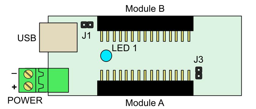 pozice pro osazení vstupně/výstupními moduly. Používá desku s řídicím procesorem - CPU modul DL-CPU2. Pozice pro vstupně/výstupní moduly jsou označeny A a B.