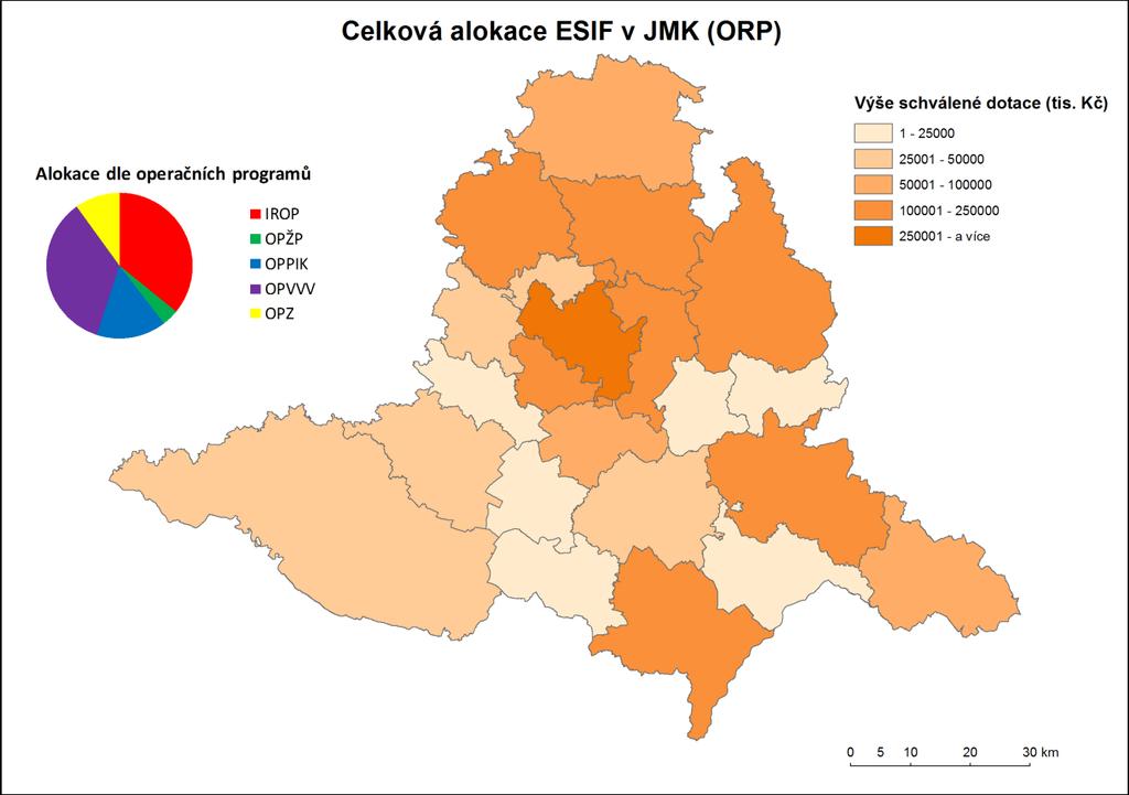 Pozn.: Pro alokaci ve výši 1 264 435 tis. Kč nelze určit místo realizace na úrovni ORP. Z toho na OP Zaměstnanost připadá 643 531 tis. Kč a na OP Doprava 389 700 tis. Kč. Pozn.