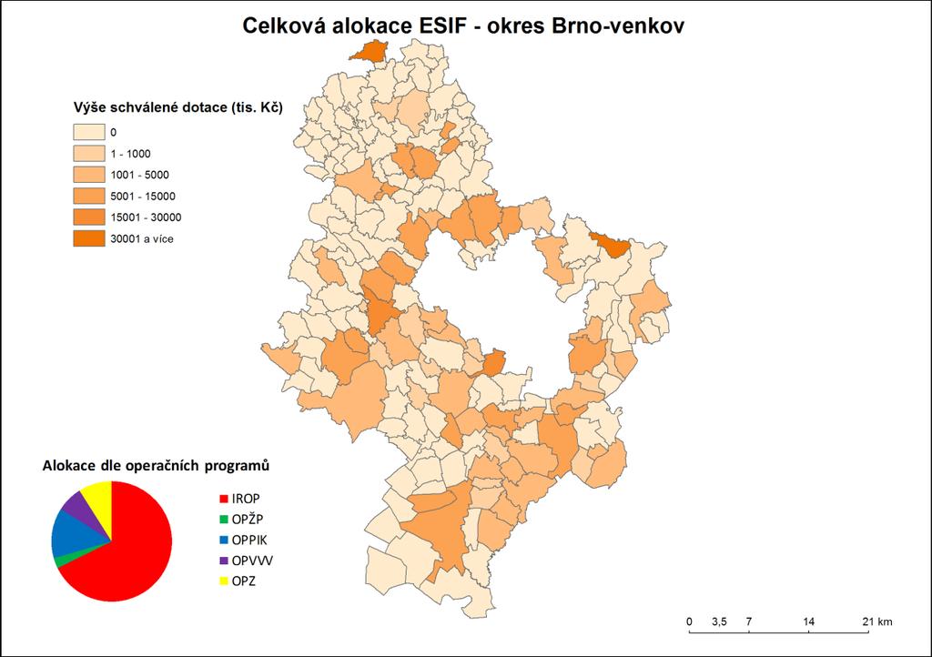 Pozn.: Pro alokaci ve výši 14 405 tis. Kč nelze určit místo realizace na úrovni obce okresu Brno-venkov.