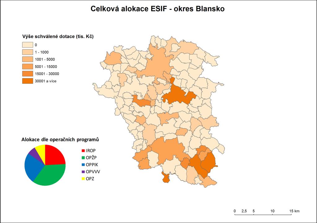 Kč a na OP Doprava 389 700 tis. Kč.). Pozn.: Pro alokaci ve výši 3 005 tis. Kč nelze určit místo realizace na úrovni obce okresu Blansko.