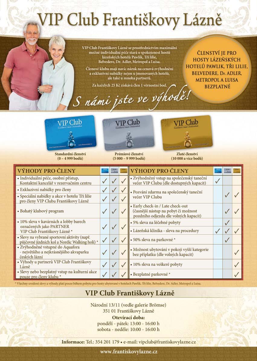 PARTNEŘI VIP CLUBU FRANTIŠKOVY LÁZNĚ PAMÁTKY, GALERIE, INFOCENTRA 1. Jan Becher Muzeum Karlovy Vary 25 % 25 % 25 % na vstup 2. Hrad Seeberg obec Ostroh 10 % 10 % 10 % na vstup 3.