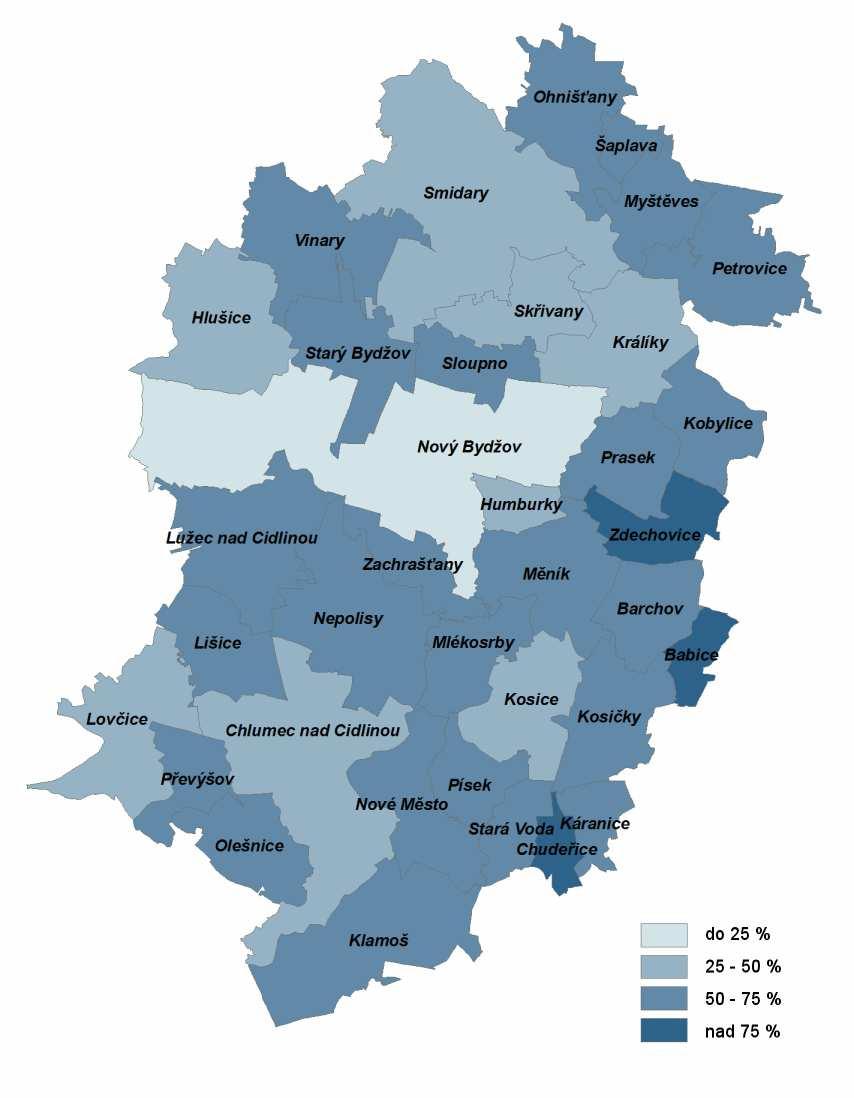 Obr. 7: Podíl obyvatelstva vyjíždějícího za prací mimo obec na celk. počtu EAO (2001) Zdroj dat: ČSÚ 1.5.