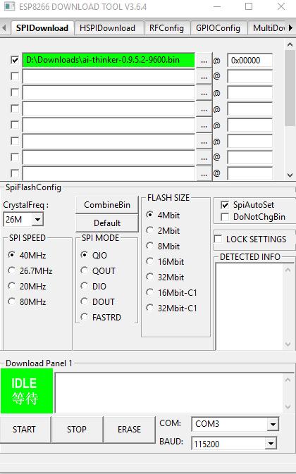 Instalace uživatel spustí aplikaci ESP Flash Dwnlad Tls a zvlí mžnst ESP8266 DwnladTl uživatel se bude phybvat v kartě SPIDwnlad uživatel d jednh z prázdných plí zvlí cestu k binárnímu subru s FW a