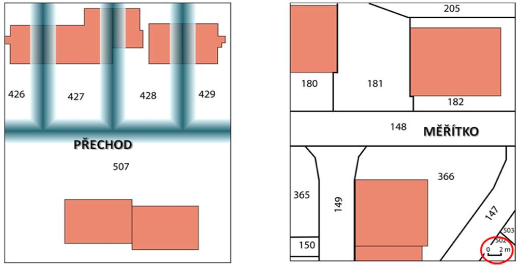 Obrázek 73 Dva typy vizualizace hranic parcel při 2. pokusu (Kubíček, 2012) Změnil se také způsob sestavení a provedení testu, a to ze statického na dynamický interaktivní.