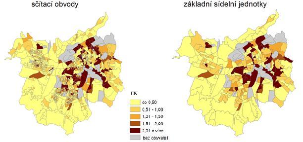 Obrázek 27 Srovnání vlivu agregační jednotky na výsledný vzor distribuce hodnot lokalizačního koeficientu pro počet uchazečů s nanejvýš základním vzděláním v Ostravě (stav k 31