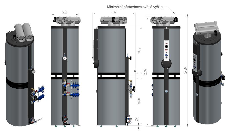 model LLR160-5,5kW-REVEL-DZD Jednotka zajišťuje podlahové nebo radiátorové vytápění, přípravu sanitní teplé vody, větrání s aktivní rekuperací tepla, odvlhčování vzduchu a klimatizaci ochlazeným