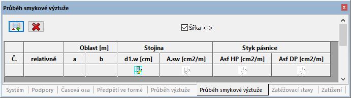 Základy obsluhy Panel tabulek (oblast F) Záložka Průběh smykové výztuže obsahuje přehled zadaného průběhu již rozmístěné smykové výztuže v nosníku.