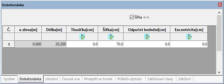 Základy obsluhy Panel vlastností (oblast G) Záložka Dobetonávka obsahuje přehled všech zadaných úseků dobetonávky.