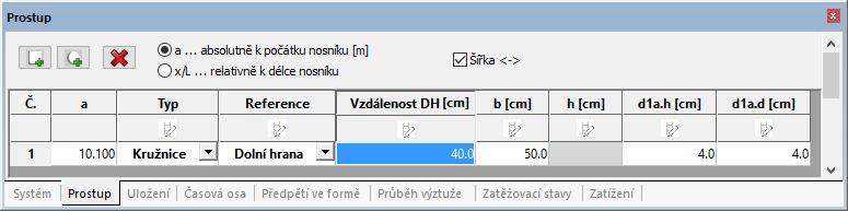 Existující prostupy mohou být upravovány a mazány. Toto zadání se nabízí pouze při zatržení volby Prostupy na pásu karet ve skupině příkazů Systém.