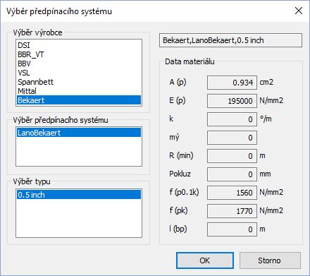 Nastavení Předpětí Parametry předpínací výztuže lze upravit ve výše uvedeném panelu Úpravy předpínacího systému dle vlastních potřeb, nebo vytvořit zcela nový typ předpínací výztuže