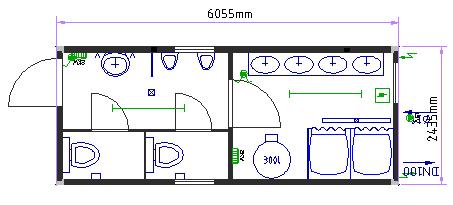 Buňka sanitární Rozměry: 6055 x 2435 x 2591 mm (13,1 m2) Obr. 3 Buňka sanitární (převzato z [6]) 5.2.2 DIMENZOVÁNÍ BUNĚK Buňkoviště bude dimenzováno na 60 pracovníků a 10 administrativních pracovníků.