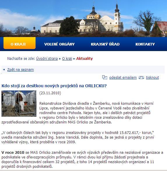 Propagace web Pardubického kraje, web Agrovenkova informace o vyhlašovaných a